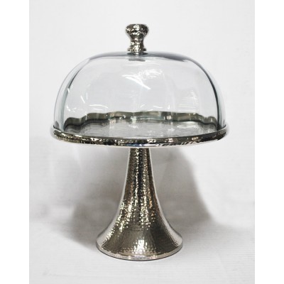 Τουρτιέρα Μεταλλική με Καπάκι Γυάλινο & Πόδι Ασημί 26x26x32cm