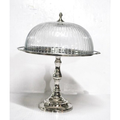 Τουρτιέρα Μεταλλική με Καπάκι Γυάλινο & Πόδι Ασημί 25.5x25.5x30.5cm