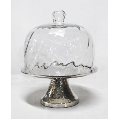Τουρτιέρα Μεταλλική με Καπάκι Γυάλινο & Πόδι Ασημί 23x23x19cm