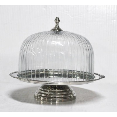 Τουρτιέρα Μεταλλική με Καπάκι Γυάλινο & Πόδι Ασημί 23x23x21.5cm