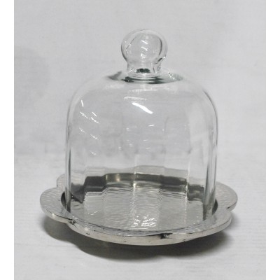 Τουρτιέρα Μεταλλική με Καπάκι Γυάλινο & Ασημί Δίσκο 18x18x15cm