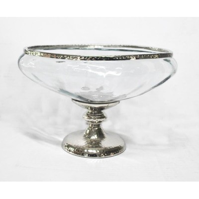 Γυάλινη Οβάλ Κουπ Γόνδολα Με Μεταλλική Aσημί Αντικέ Βάση Πόδι 31x20x22cm