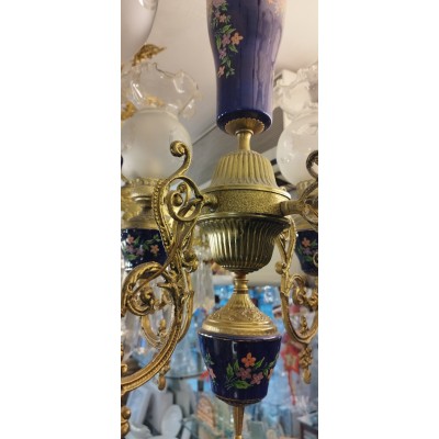 Φωτιστικό Αντίκα Μπρούτζινο 4Φ Με Πορσελάνη Μπλε