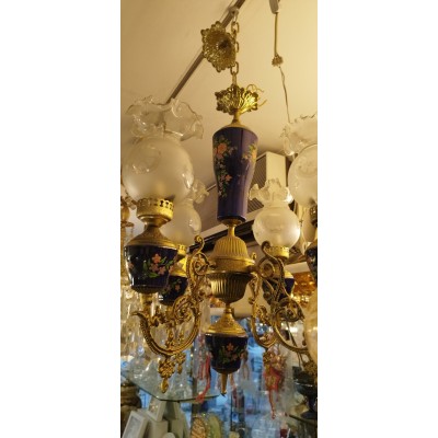 Φωτιστικό Αντίκα Μπρούτζινο 4Φ Με Πορσελάνη Μπλε