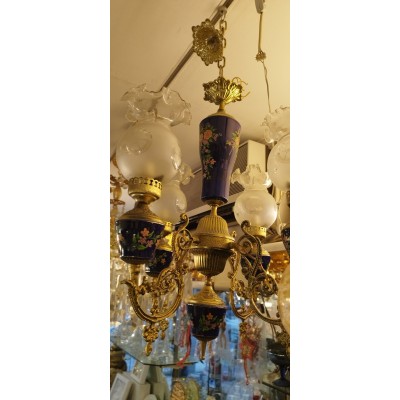 Φωτιστικό Αντίκα Μπρούτζινο 4Φ Με Πορσελάνη Μπλε